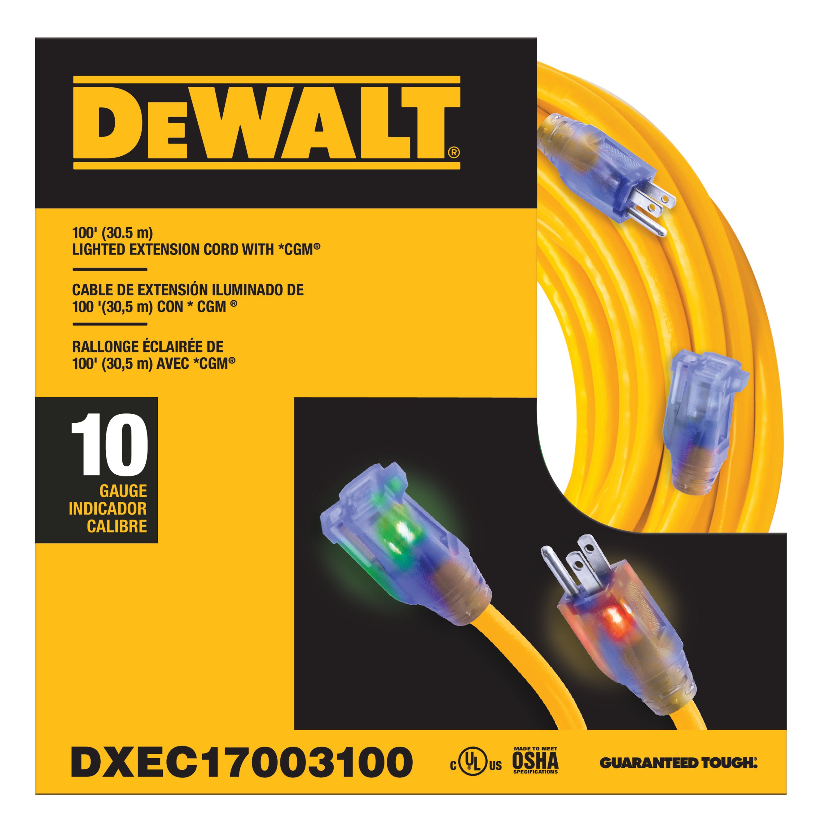 100 Foot 10/3 SJTW DEWALT Industrial Grade Lighted Extension Cord