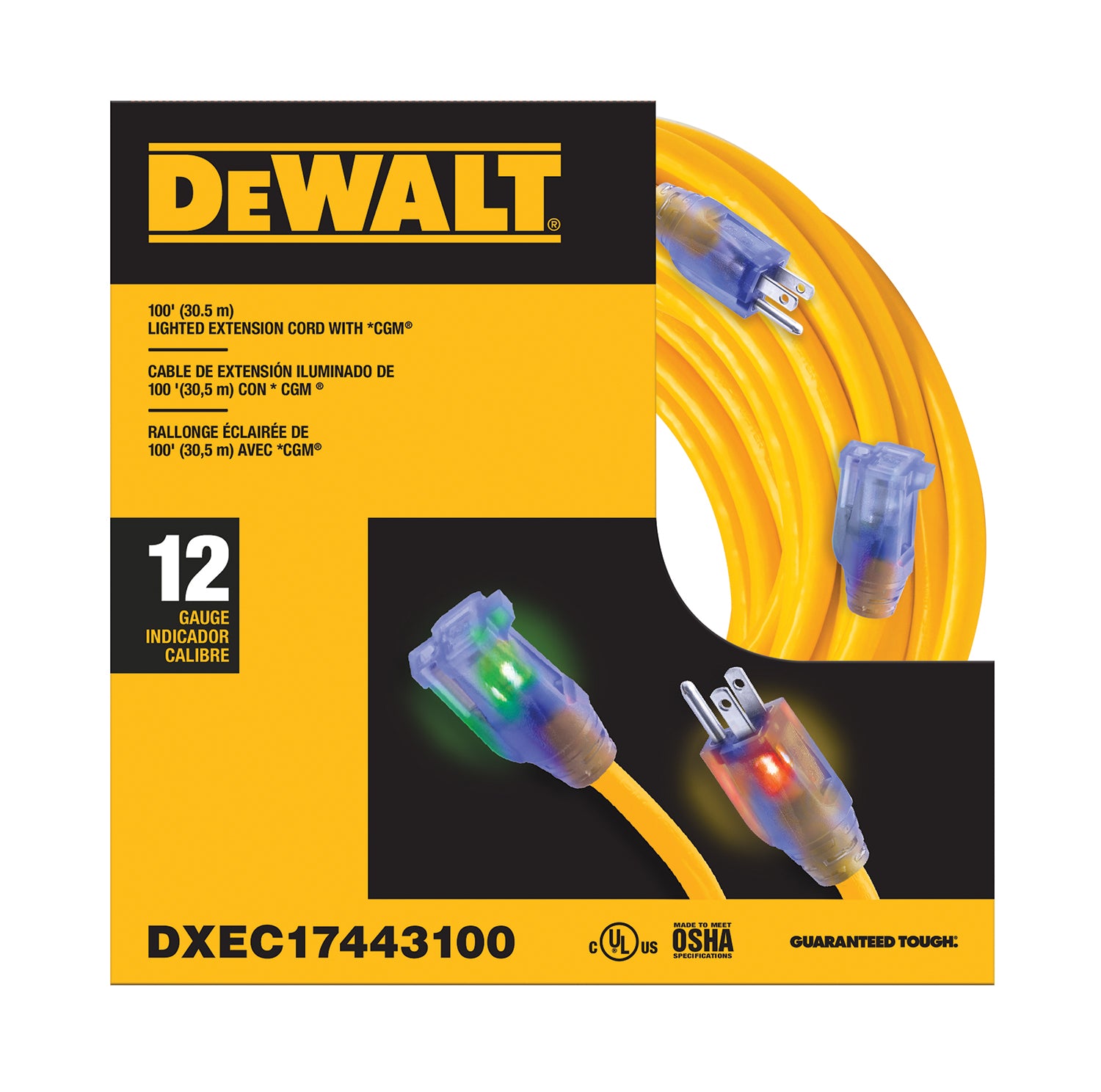100 Foot 12/3 SJTW DEWALT Industrial Grade Lighted Extension Cord