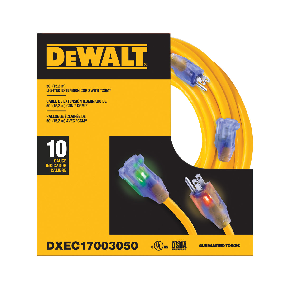 50 Foot 10/3 SJTW DEWALT Industrial Grade Lighted Extension Cord