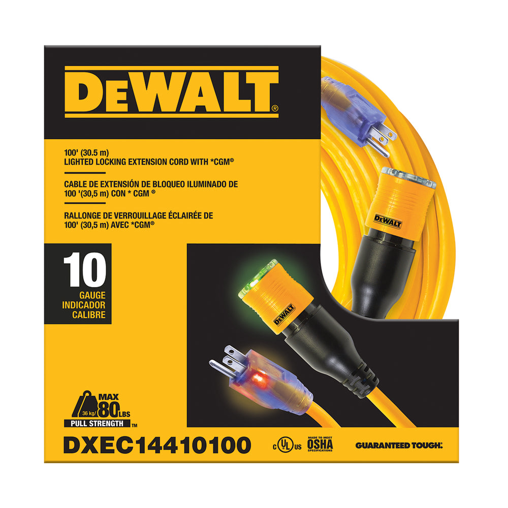 100 Foot 10/3 DEWALT Click-to-Lock Lighted Extension Cord