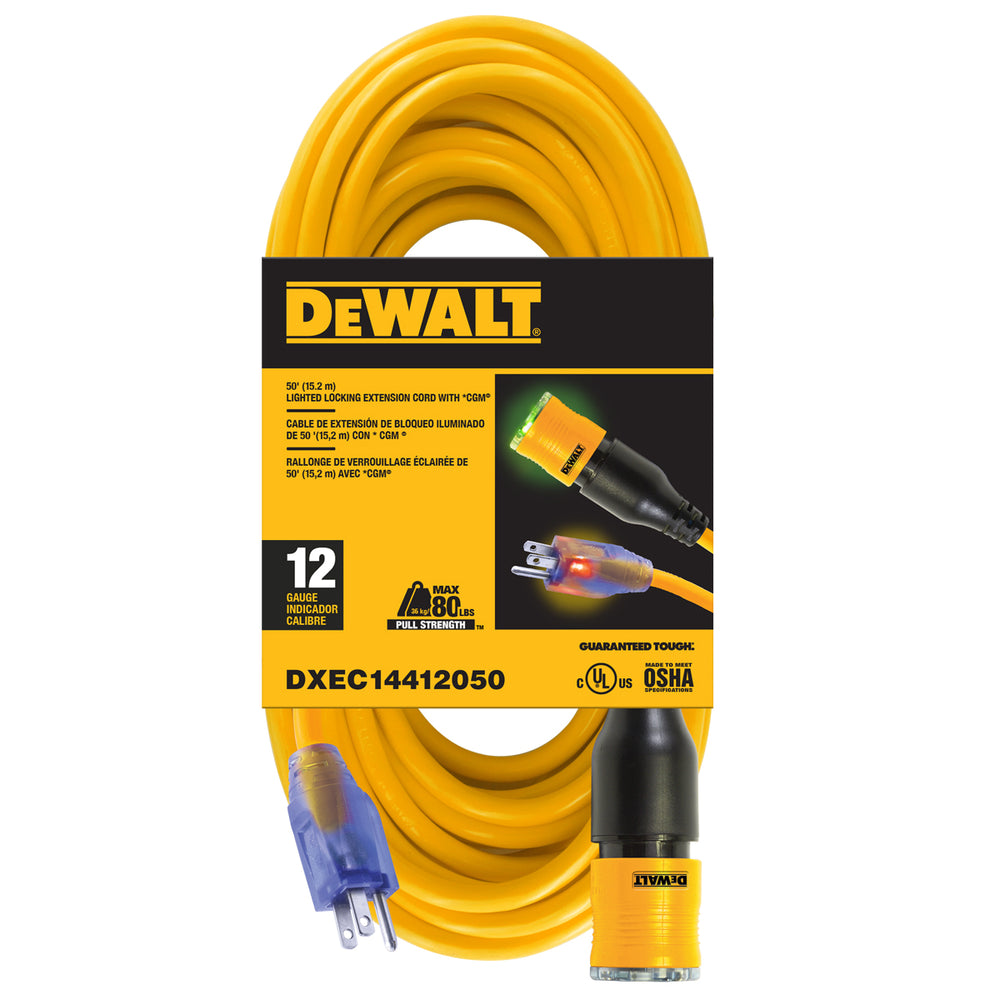 50 Foot 12/3 SJTW DEWALT Click-to-Lock Lighted Extension Cord – Power Tech®