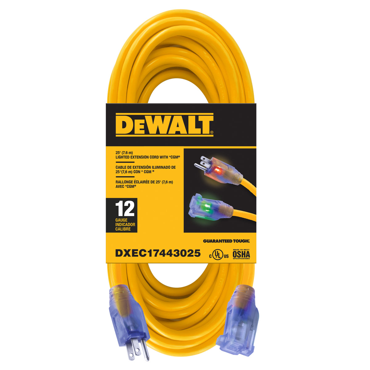 25 Foot 12/3 DEWALT Industrial Grade Lighted Extension Cord