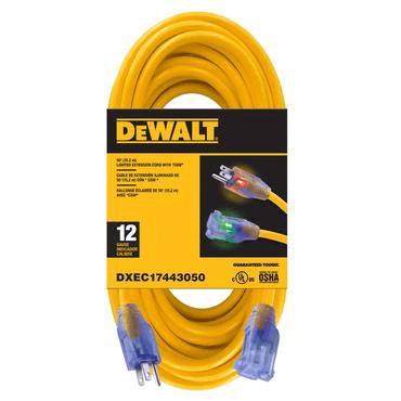 50 Foot 12/3 SJTW DEWALT Industrial Grade Lighted Extension Cord