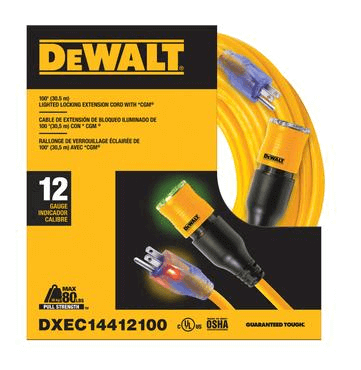 100 Foot 12/3 SJTW DEWALT Click-to-Lock Lighted Extension Cord